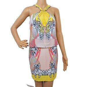 CACHE   MULTICOLOR HALTER TOP NECK BLUSSON MINI PARTY SHEATH DRESS SIZE: S